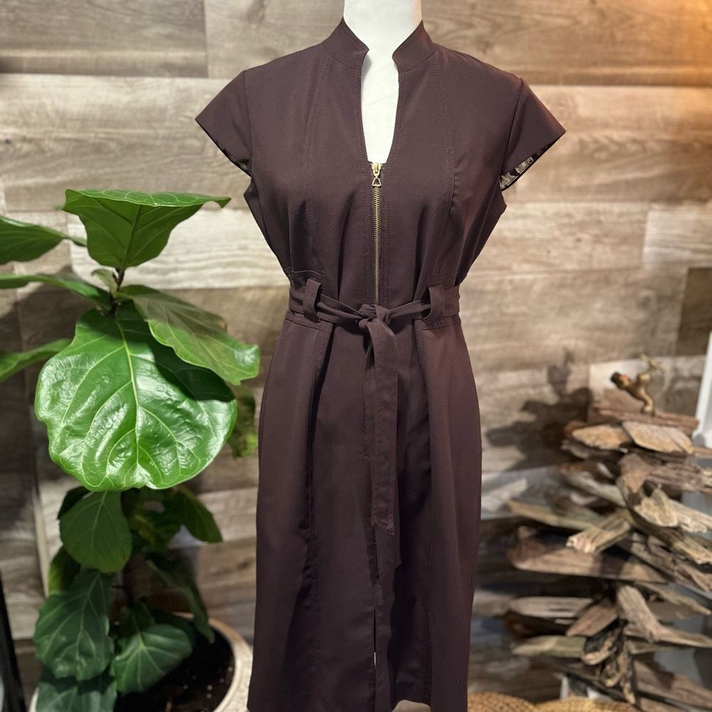 Sandra Darren Brown Zip-Front Midi Dress